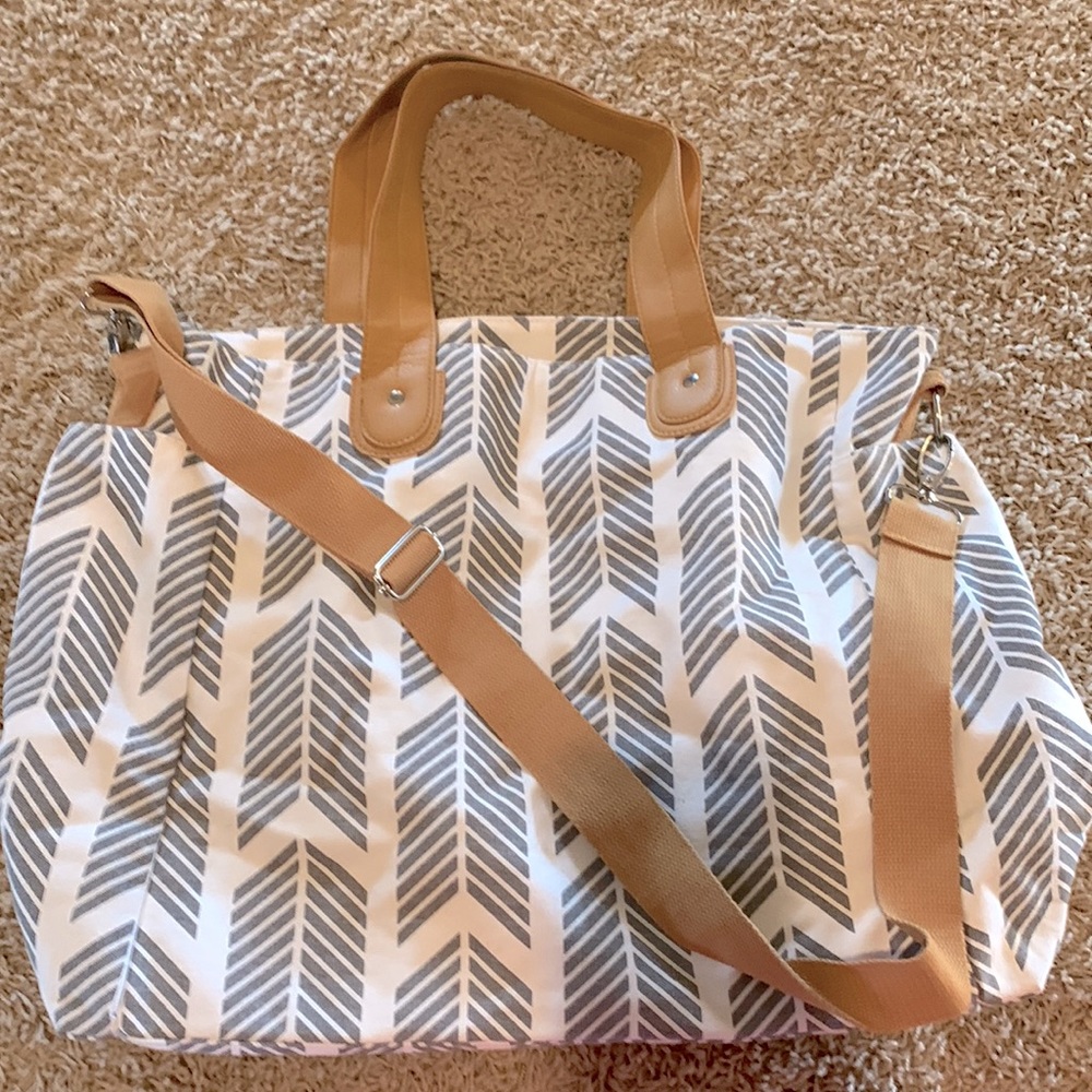 White Elm- Neutral Chevron Baby Bag Jumbo Diaper Bag/Tote with Tan Straps